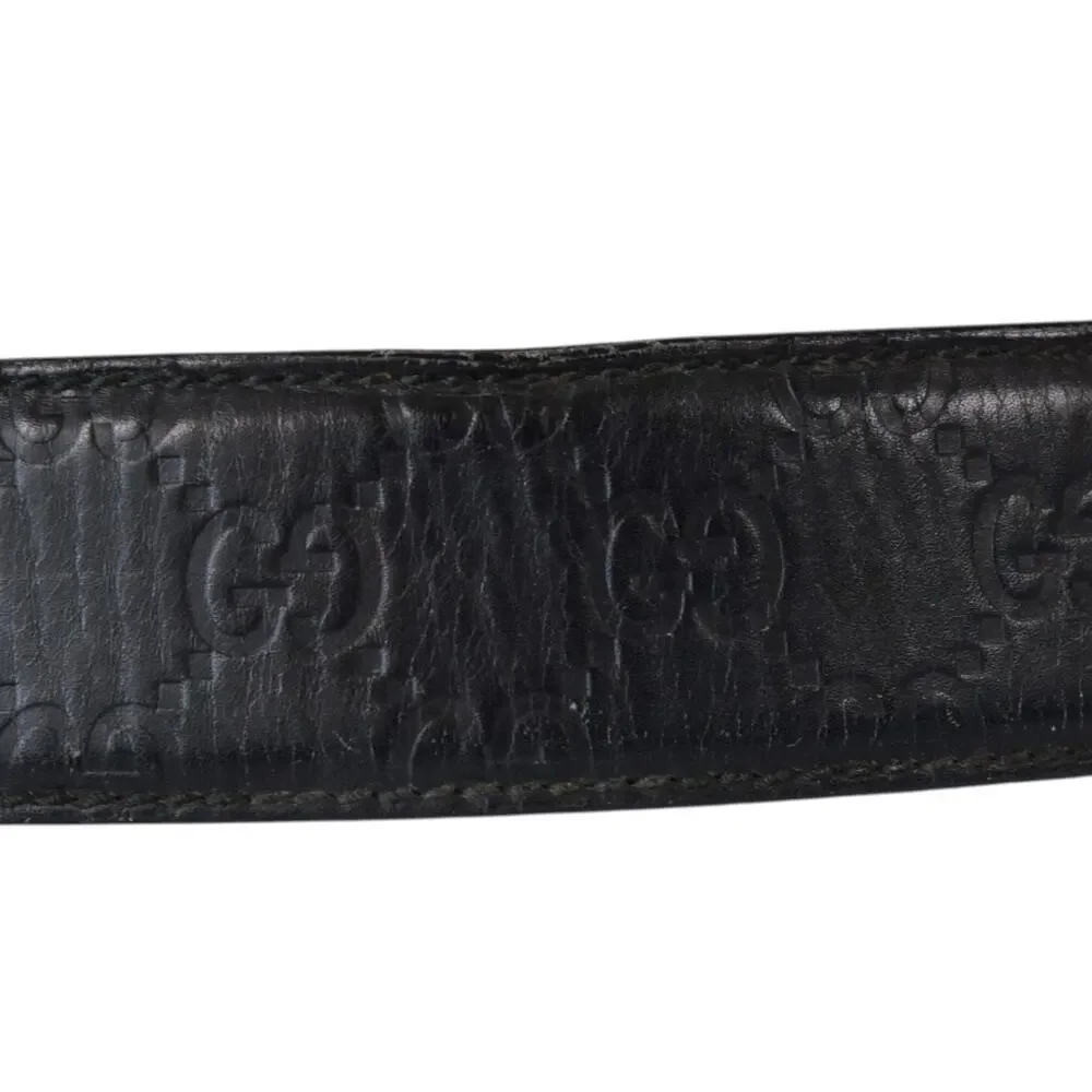 Gucci GG Monogram Black Leather Belt Silver Buckle Italy